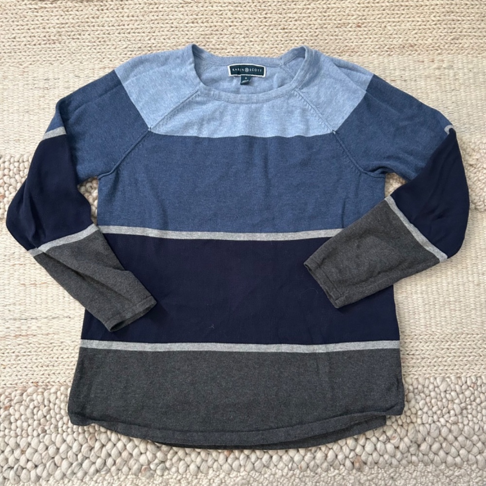 Karen Scott 100% Cotton Sweater - Striped Blue and Gray - Small